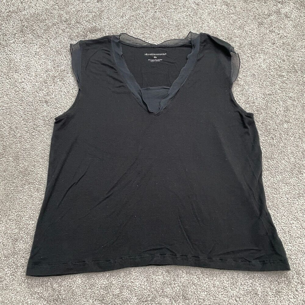Hillard & Hanson Mesh Trim Basic Tank Top Womens XL Black V-Neck Stretch Casual